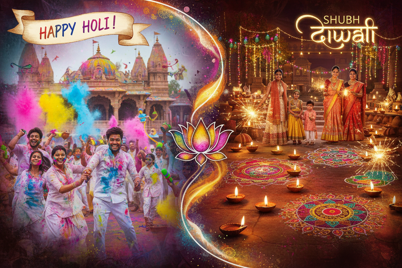 show a collage of holi and diwali 